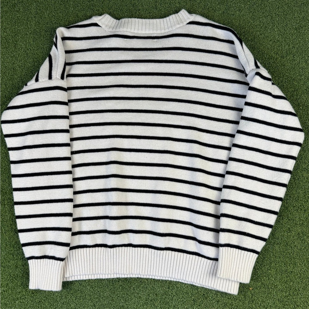 LOFT Bee Stripe Sweater‎ Medium Black White Cotton Crewneck Long Sleeve - Picture 4 of 9